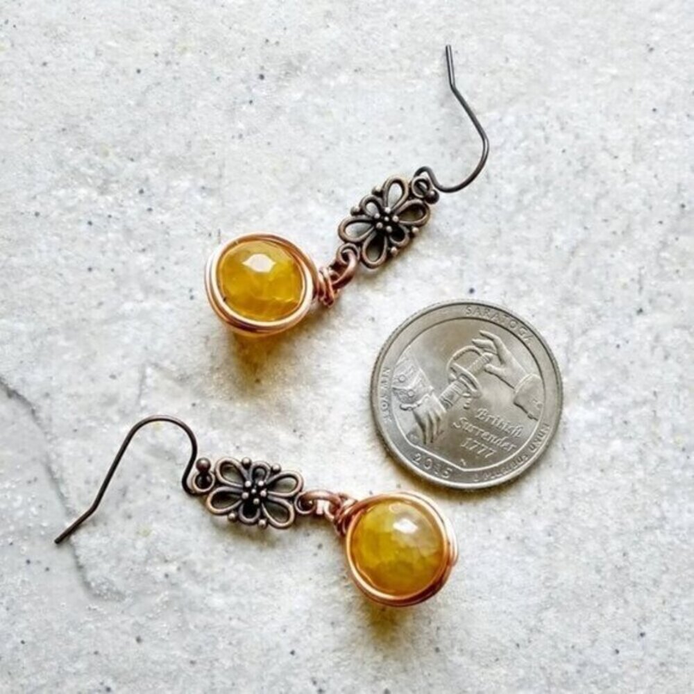 Easter Earth Tones • Dragonvein Agate • Vibrant Copper Boho Dangle Earrings - Picture 4 of 4